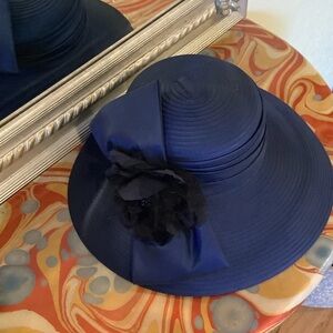Giovannio Hat NAVY BLUE with Black Fabric Floral Accent on a Large Bow
